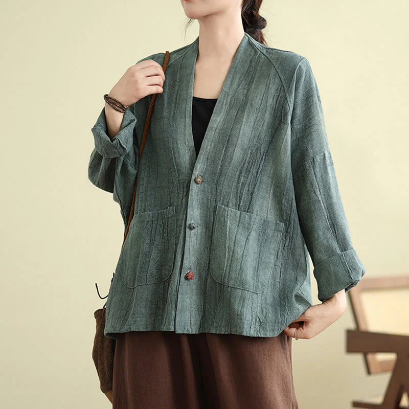 Buddha Stones Plain Long Sleeve Women's Cotton Linen Jacket With Pockets