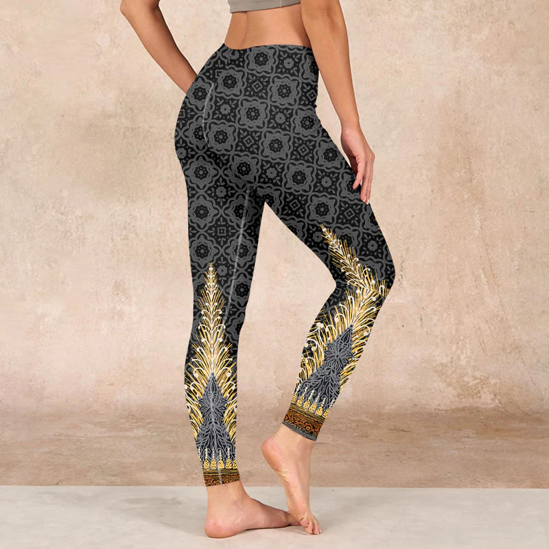 Buddha Stones Dark Gray Geometric Gold Feather Print Gym Leggings Women's Yoga Pants