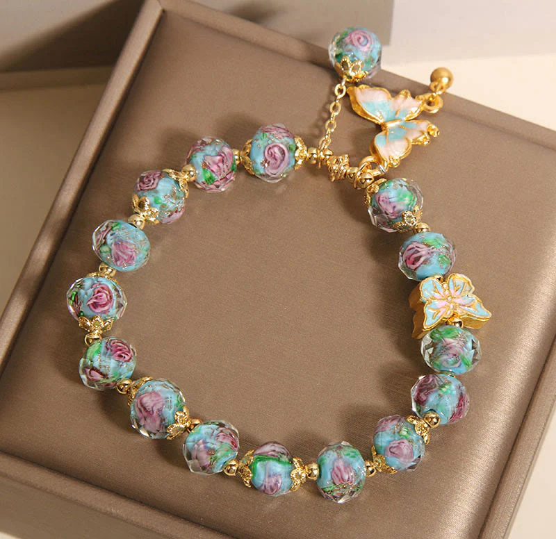 Buddha Stones Butterfly Charm Rose Flower Liuli Bracelet