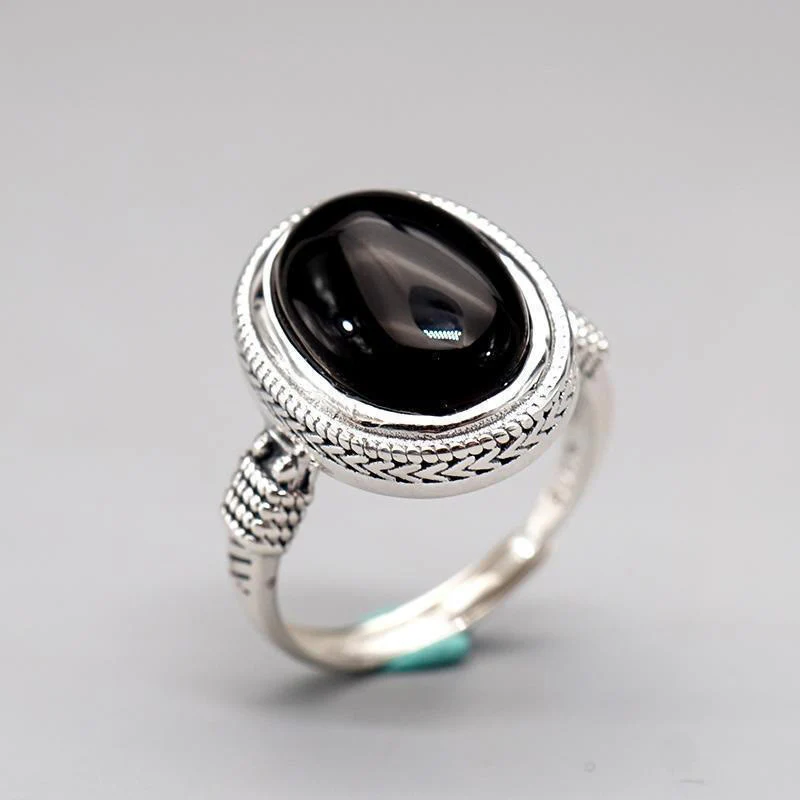 Buddha Stones Natural Black Onyx Adjustable Protection Ring