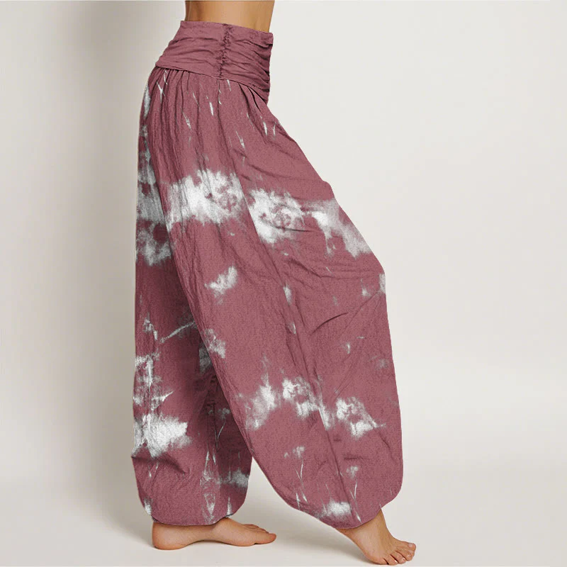 Buddha Stones White Lines Spots Tie-Dye Pattern Women's Elastic Waist Harem Pants