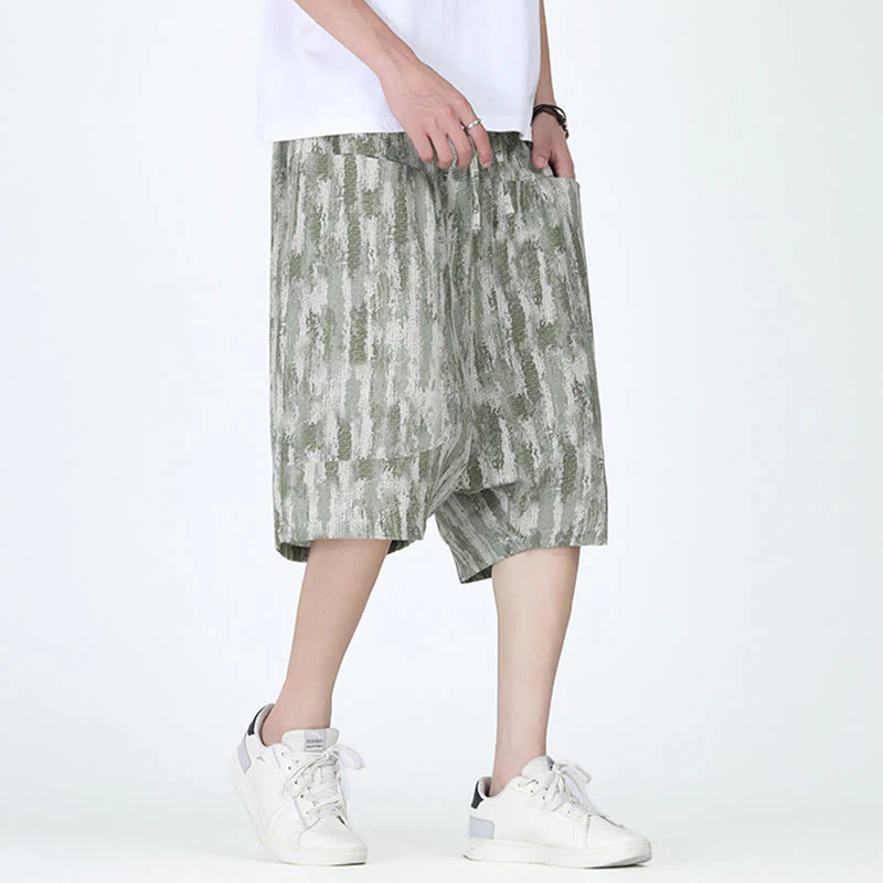 Buddha Stones Summer Stripes Cotton Linen Men's Capri Pants With Pockets