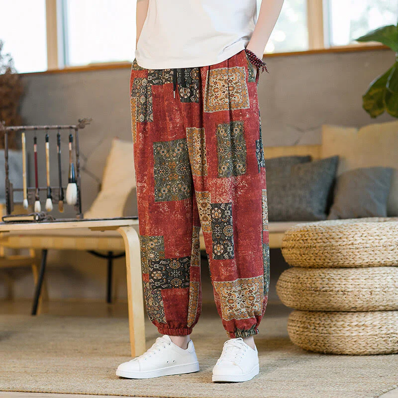 Buddha Stones Summer Square Patchwork Cotton Linen Men's Ankle-Length Harem Pants With Pockets