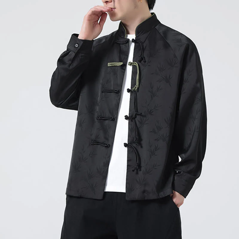 Buddha Stones Spring Jacquard Bamboo Leaves Pattern Chinese Frog-Button Design Men's Long Sleeve Shirt
