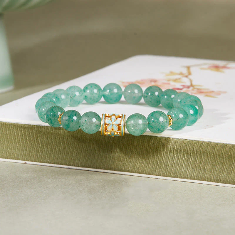 Buddha Stones 925 Sterling Silver Green Strawberry Quartz Flower Calm Bracelet