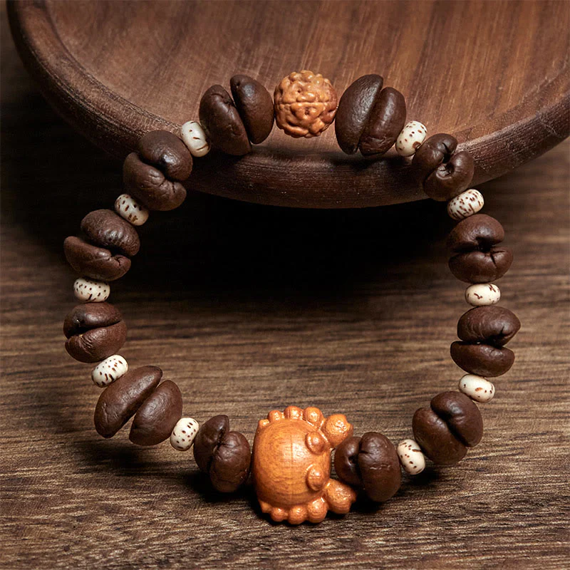 Buddha Stones Handmade Crab Copper Coins Coffee Beans Wenge Wood Bracelet