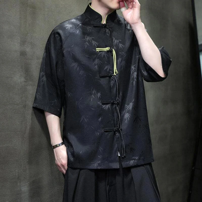 Buddha Stones Jacquard Bamboo Pattern Chinese Frog-Button Stand Collar Tang Suit Men's Cotton Shirt