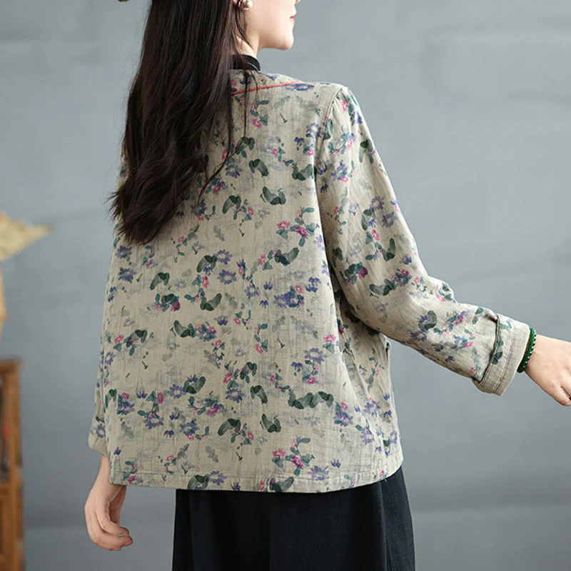 Buddha Stones Printing Floral Frog-Button Open Front Cardigan Cotton Linen Jacket With Pockets