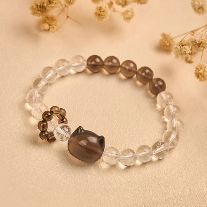 Buddha Stones Japanese Bobtail Cat Natural White Crystal Smoky Quartz Protection Bracelet
