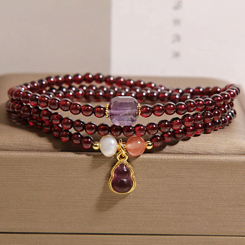 Buddha Stones Natural Garnet Amethyst Gourd Protection Multi-Layer Bracelet