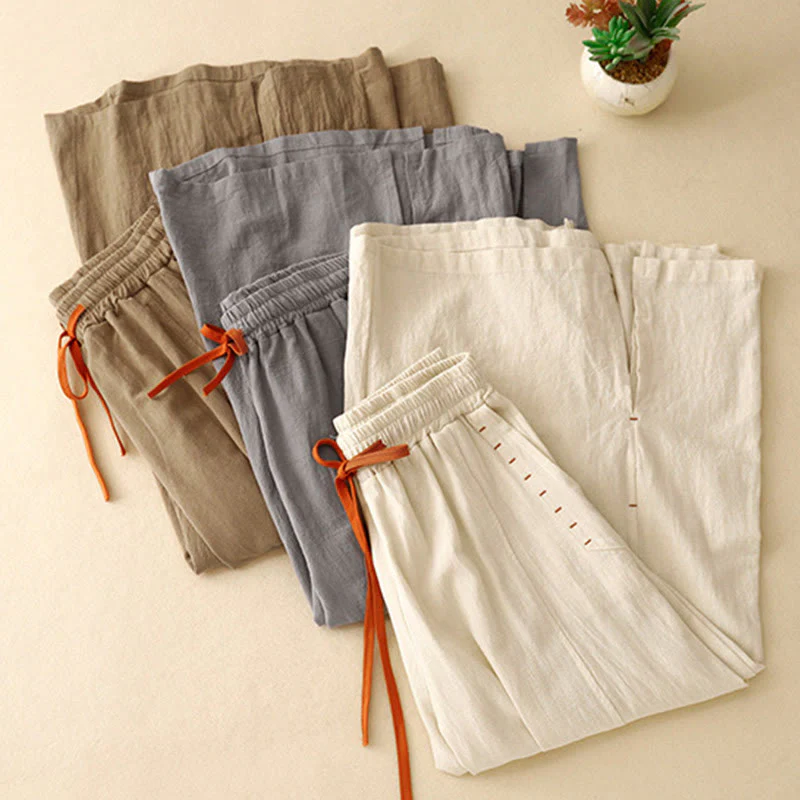 Buddha Stones Casual Simple Design Drawstring Split Cotton Linen Women's Wide Leg Pants With Pockets