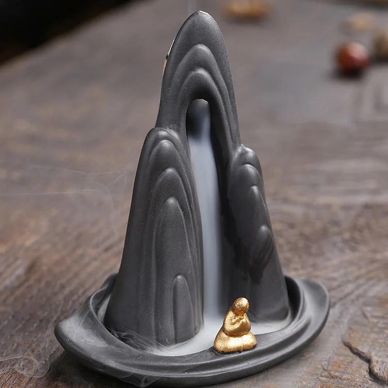 Buddha Stones Little Monk Mountains Flowing Water Purple Clay Ceramic Healing Backflow Incense Burner Decoration