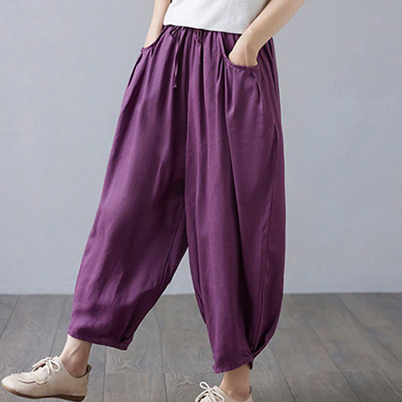 Buddha Stones Summer Plain Cropped Pants Women's Cotton Linen Harem Pants With Pockets