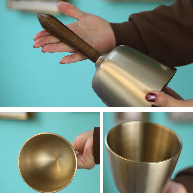 Buddha Stones Handmade Hand-held Awakening Singing Bell Chime for Healing and Meditation Wooden Handle Sound Set