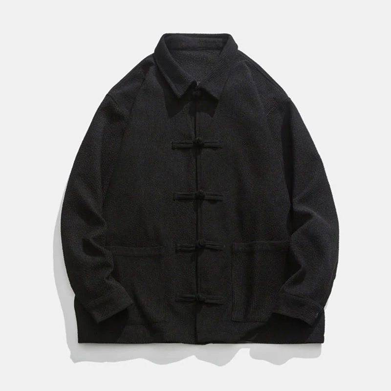 Buddha Stones Long Sleeve Frog-button Design Men's Polyester Jacket Shirt With Pockets