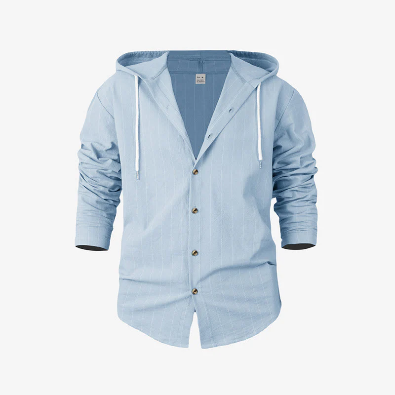 Buddha Stones Solid Long Sleeve Hooded Stripes Drawstring Buttons Linen Men's Shirt