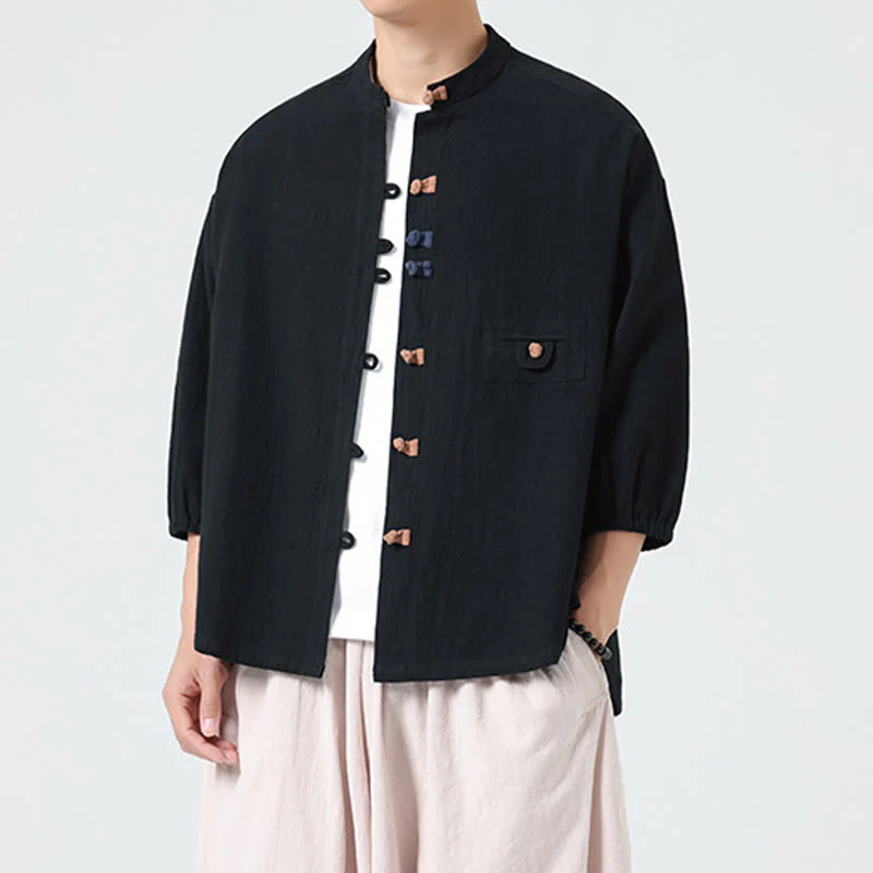 Buddha Stones Summer Frog-Button Front Stand Collar Men's Three Quarter Sleeve Cotton Shirt Cardigan With Pocket