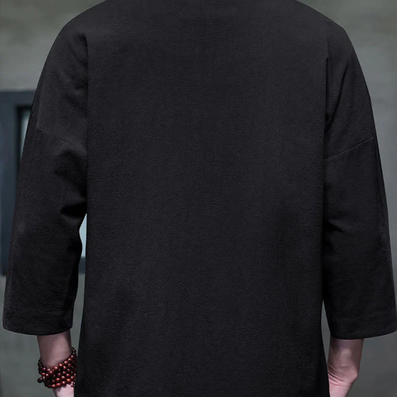 Buddha Stones Embroidery Men's  Chinese Frog-Button Three Quarter Sleeve Shirt Clothing