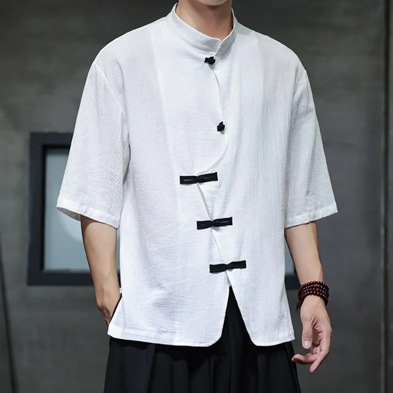 Buddha Stones Casual Plain Chinese Frog-Button Stand Collar Cotton Linen Men's Shirt