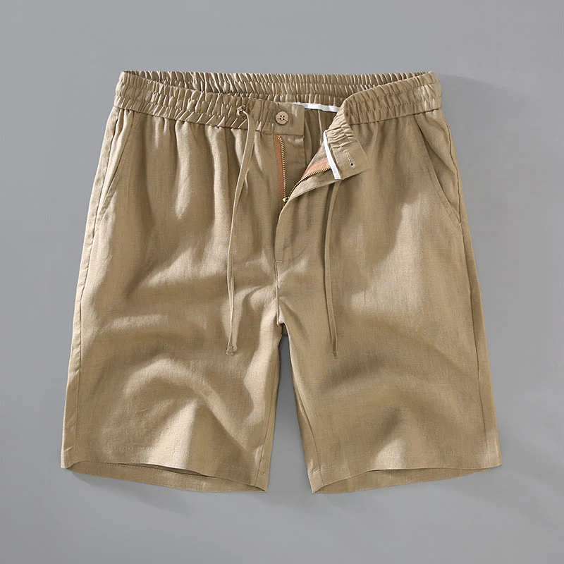 Buddha Stones Summer Solid Color Drawstring Button Design Men's Linen Shorts With Pockets