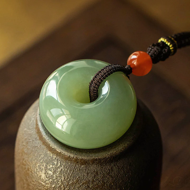 Buddha Stones Natural Round Jade Gray Jade Peace Buckle Luck Necklace Pendant