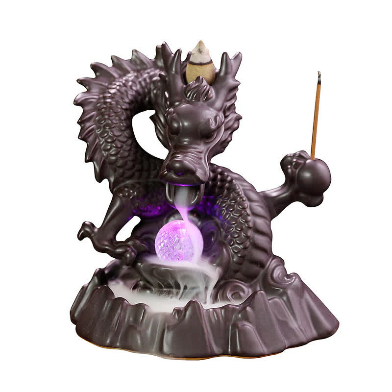 Buddha Stones Auspicious Dragon Ceramic Backflow Smoke Fountain Meditation Healing Incense Burner Led Ball Decoration