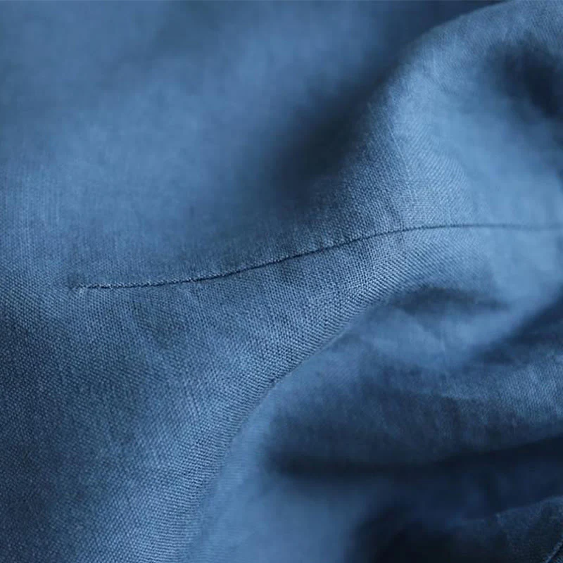 Buddha Stones Casual Plain Lace-up Stand Collar Linen Midi Dress With Pockets