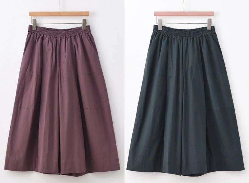 Buddha Stones Casual Plain Cotton High Waist Women's Wide Leg Capri Cropped Pants With Pockets