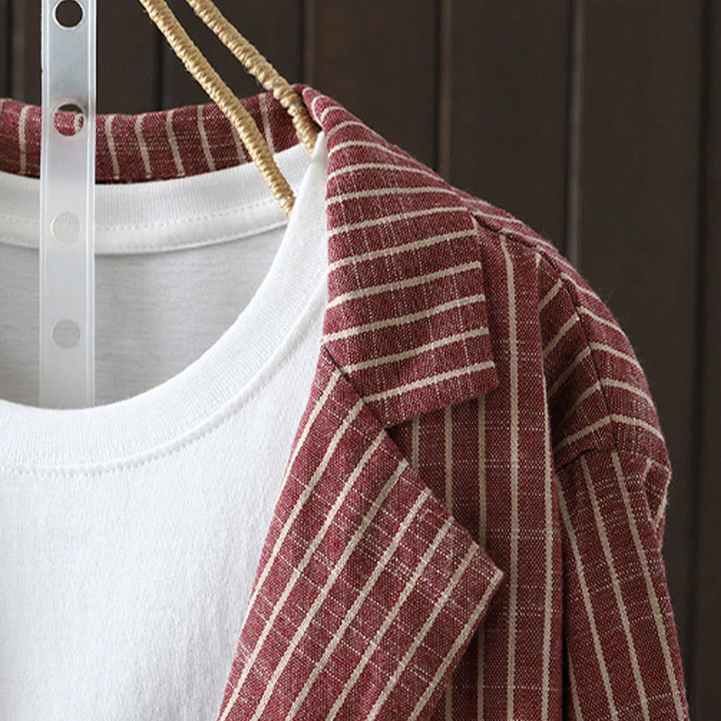 Buddha Stones Splicing Stripes Women's Cotton Linen Jacket With Pockets