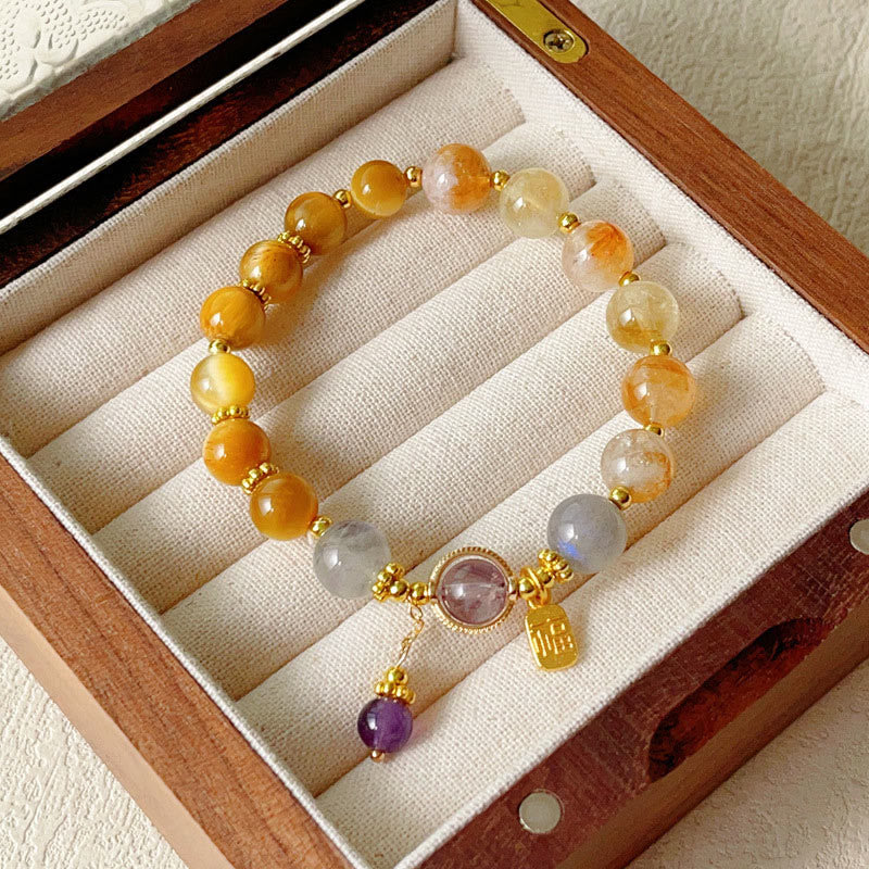 Buddha Stones Natural Citrine Tiger Eye Fu Character Prosperity Bracelet