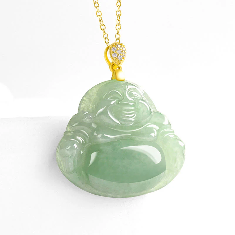 Buddha Stones 925 Sterling Silver Natural Jade Laughing Buddha Luck Prosperity Chain Necklace Pendant