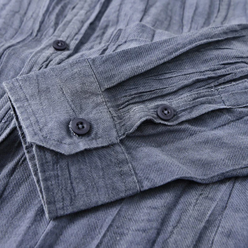 Buddha Stones Retro Pleats Buttons Men's Long Sleeve Ramie Linen Shirt With Pockets