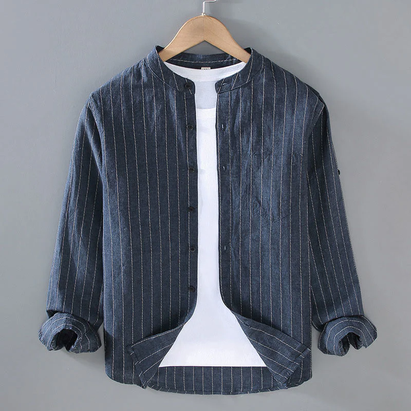 Buddha Stones Vintage Tang Suit Men's Striped Pattern Cotton Linen Long Sleeve Shirt