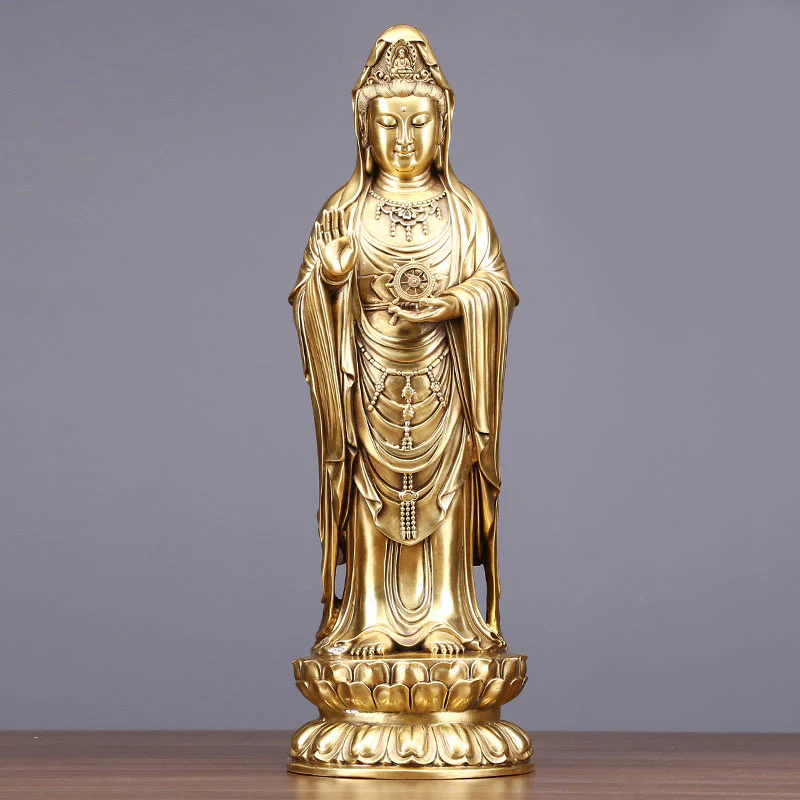 Buddha Stones Kwan Yin Avalokitesvara Holding The Dharma Wheel Wealth Brass Copper Statue Decoration