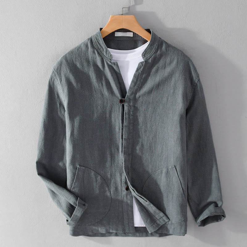 Buddha Stones Spring Daily Simple Buttons Design Stand Collar Men's Long Sleeve Cotton Linen Shirt With Pockets