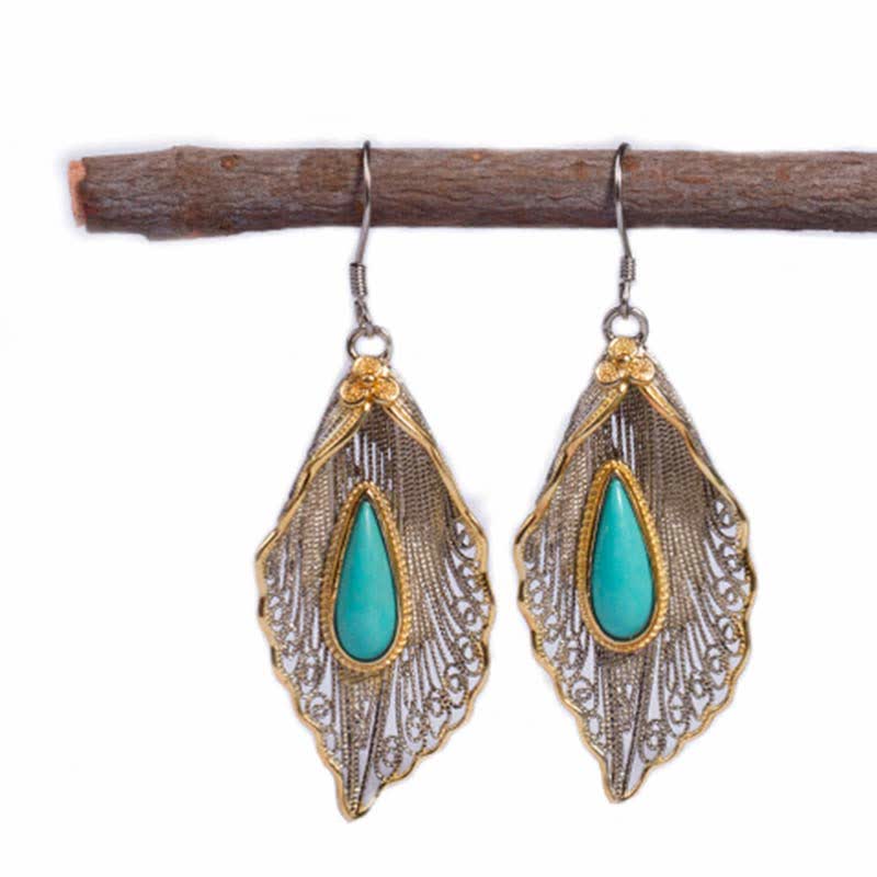Buddha Stones 925 Sterling Silver Turquoise Bodhi Leaf Pattern Protection Drop Dangle Earrings