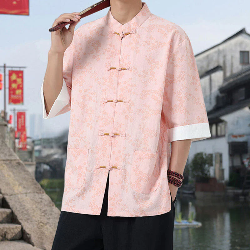 Buddha Stones Retro Printing Flower Pattern Frog-Button Design Stand Collar Men's Half Sleeve Cotton Shirt With Pockets