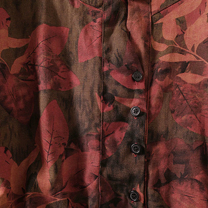 Buddha Stones Casual Printing Drawstring Chinese Frog-Button Cotton Linen Midi Dress With Pockets