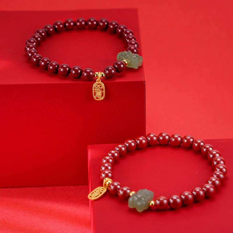 Buddha Stones 925 Sterling Silver Year of the Dragon Natural Cinnabar Hetian Jade Dragon Fu Character Ruyi As One Wishes Charm Blessing Bracelet