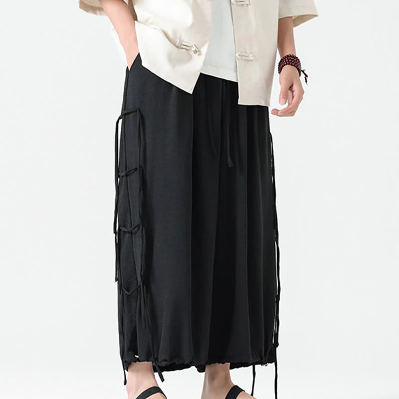 Buddha Stones Casual Loose Lanyard Design Waist Rope Men's 7-8 Length Spandex Pants With Pockets