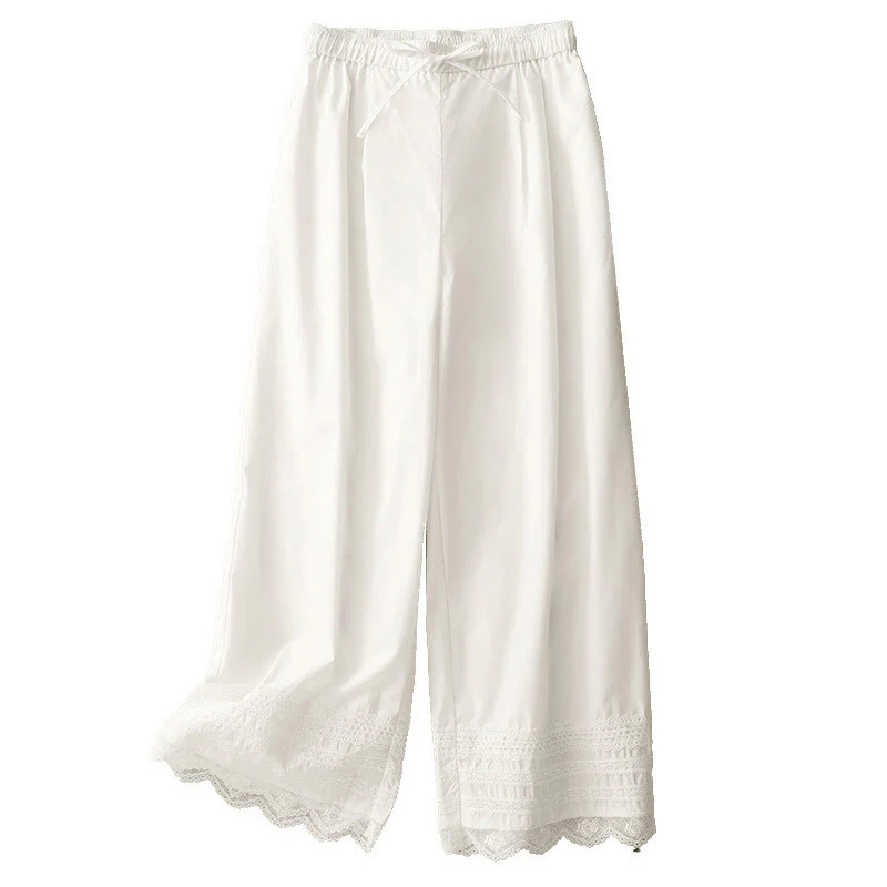 Buddha Stones Commute Plain Lace Patchwork Drawstring Design Women's Wide Leg Cotton Ankle-Length Pants With Pockets