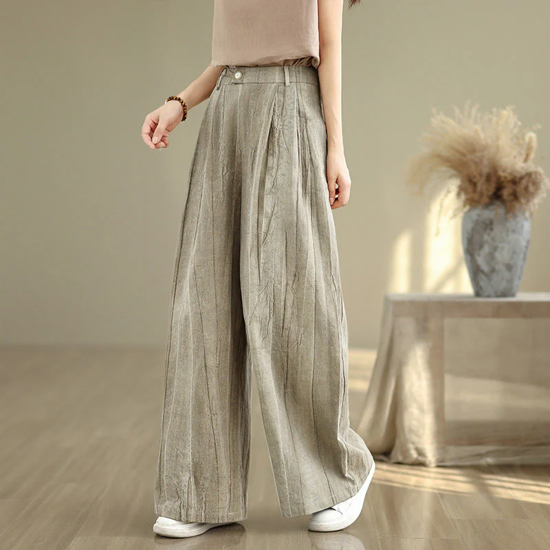 Buddha Stones Casual Tan Women's Cotton Elastic Waist  Wide Leg Pants With Pockets