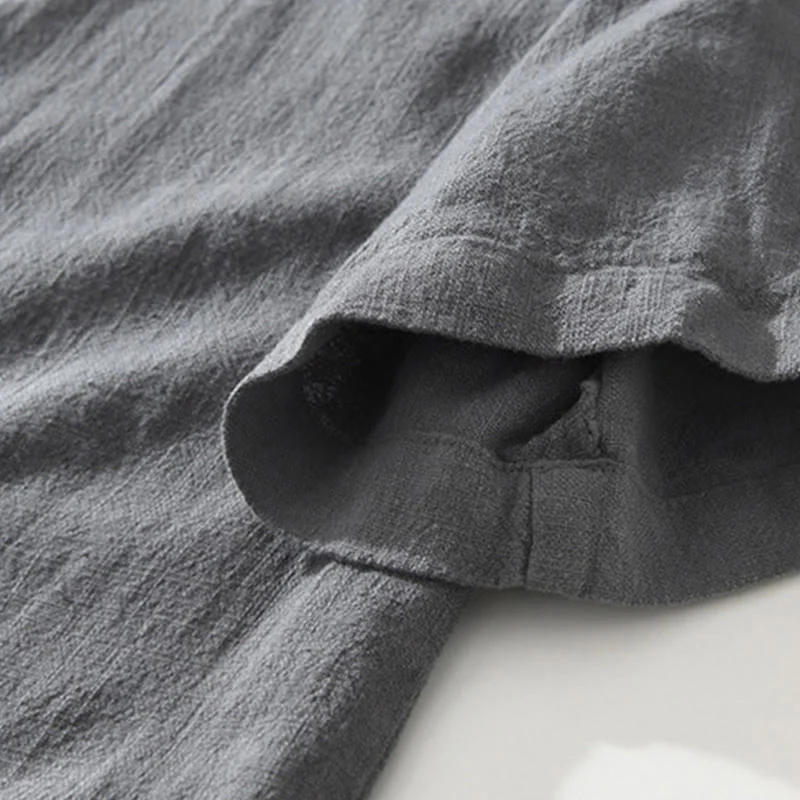 Buddha Stones Casual Buttons Design Stand Collar Men's Short Sleeve Cotton Linen Shirt With Pockets