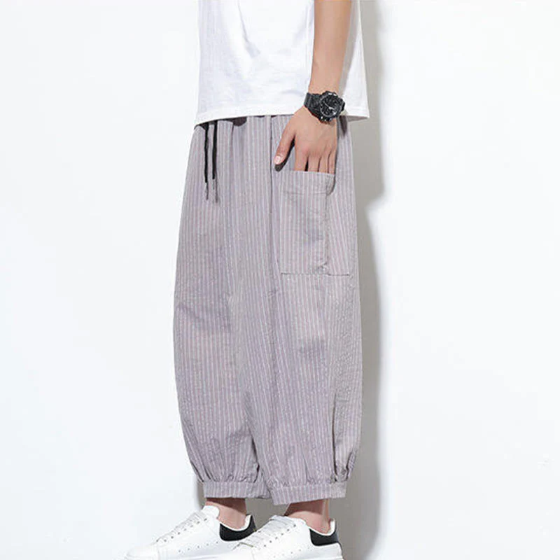 Buddha Stones Casual Striped Men's Cotton 7-8 Length Harem Pants With Pockets
