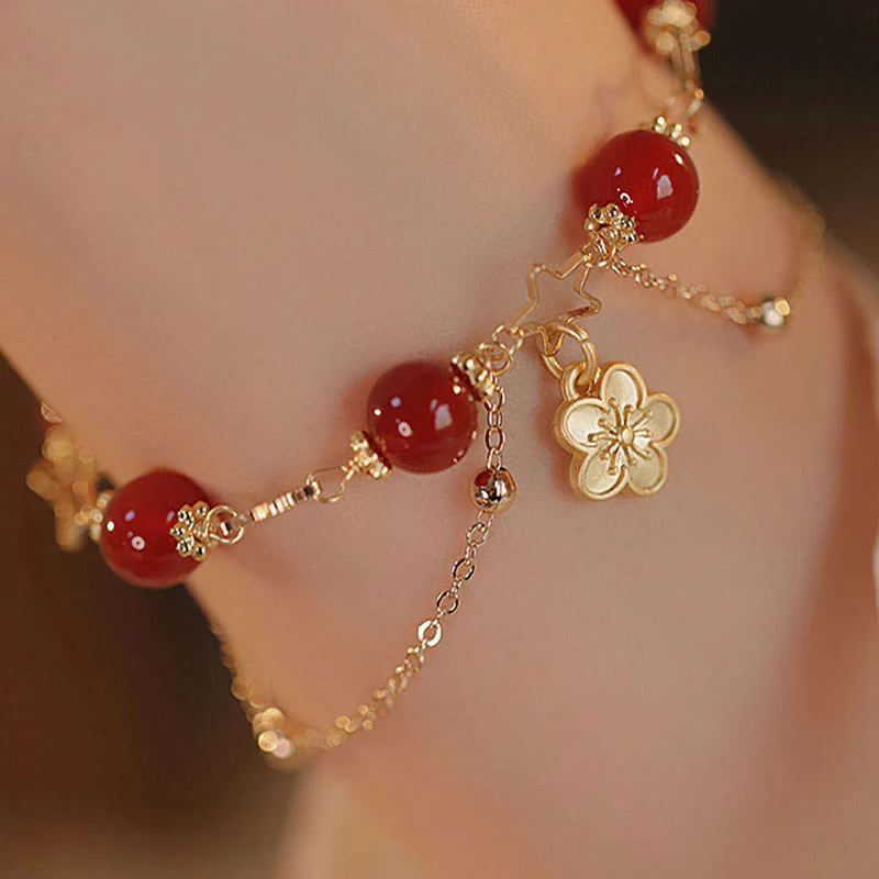 Buddha Stones 14k Gold Plated Red Agate Star Flower Charm Calm Bracelet