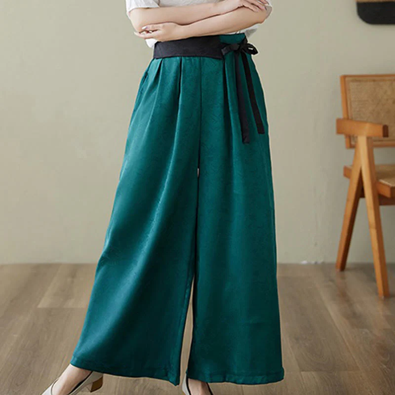 Buddha Stones Casual Jacquard Lace-up Cotton Women's Wide Leg Pants With Pockets