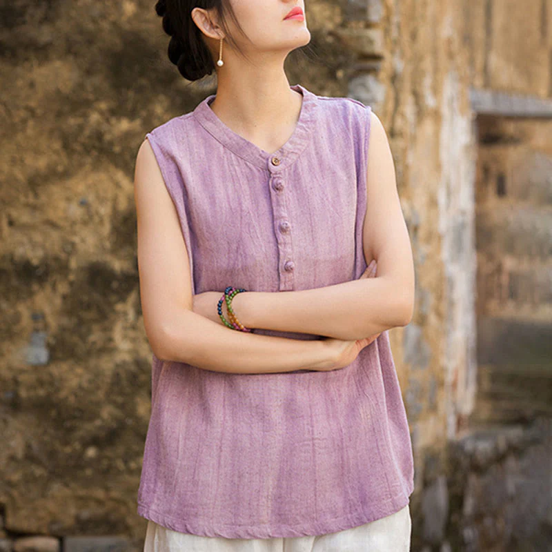 Buddha Stones Summer Tie-dye Buttons Linen Sleeveless Women's Vest