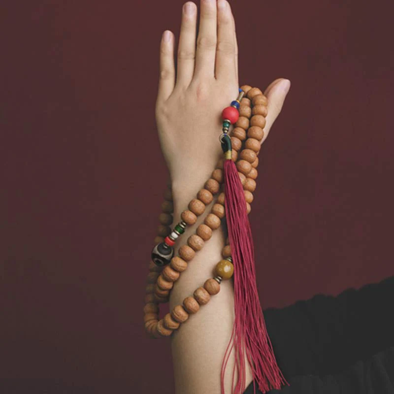 Buddha Stones 108 Mala Beads Bodhi Seed Dzi Bead Peace Tassel Bracelet
