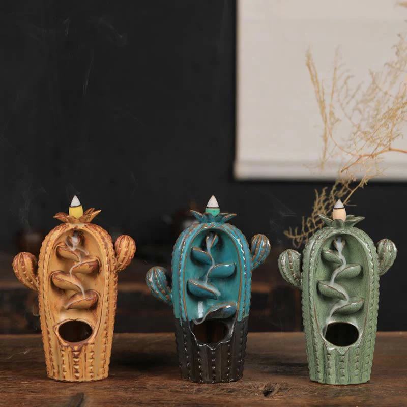 Buddha Stones Cactus Ceramic Healing Backflow Smoke Fountain Incense Burner