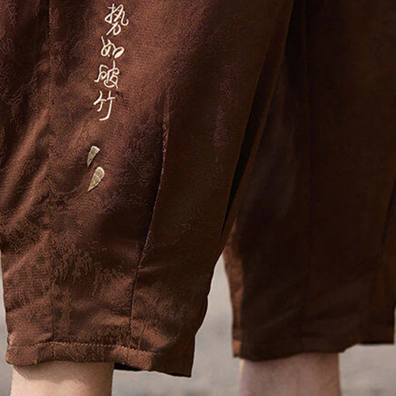 Buddha Stones Summer Character Embroidery Design Drawstring Men's 7-8 Length Pants With Pockets